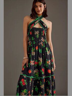 DAMSON MADDER Pia Apple Print midi dress Organic Cotton UK 12 US Small 6